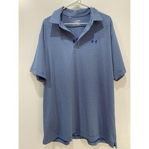 Under Armour Shirt Mens 2XL Loose Heat Gear Golf Polo BLUE Striped Short Sleeve - Picture 1 of 9